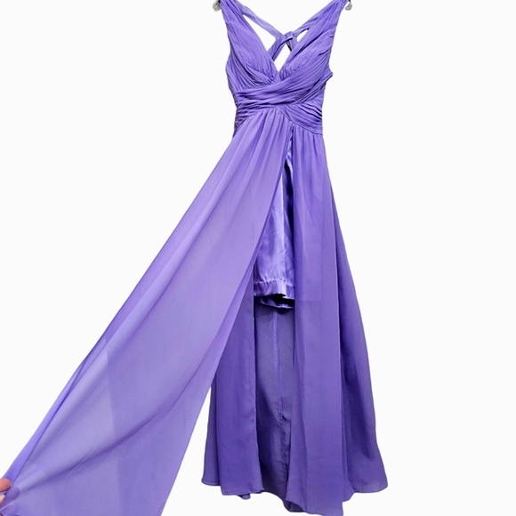 Nwot Hailey by Adrianna Papell Lilac Ruched Emperor Waist Chiffon High Low Gown - Picture 7 of 16